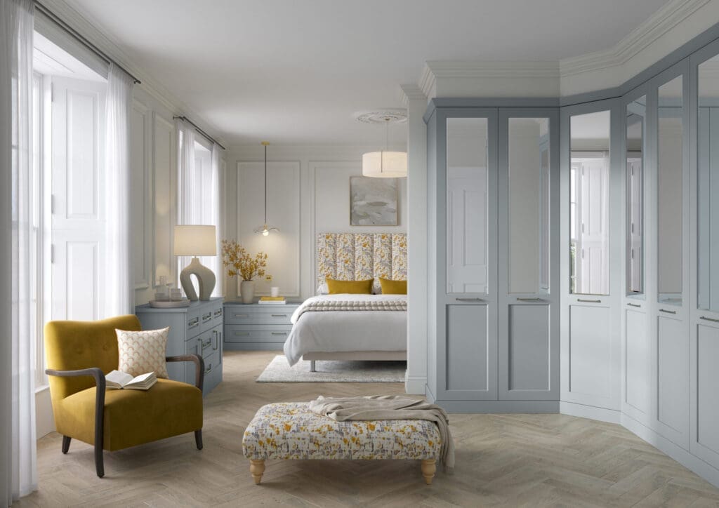 Blue wardrobe styles, finishes, and details