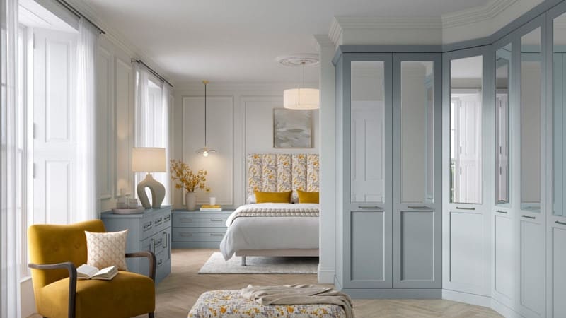bedroom with white solid shutters