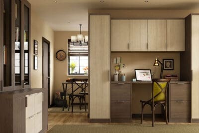 Home office fitted storage in light and dark wood