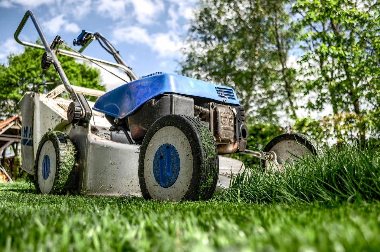 Blue lawn mower on a lawn