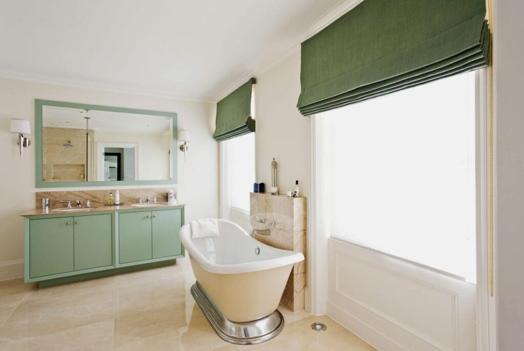 Green blackout blinds in bathroom