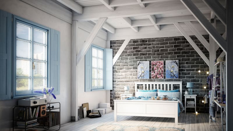 solid blue shutters in bedroom