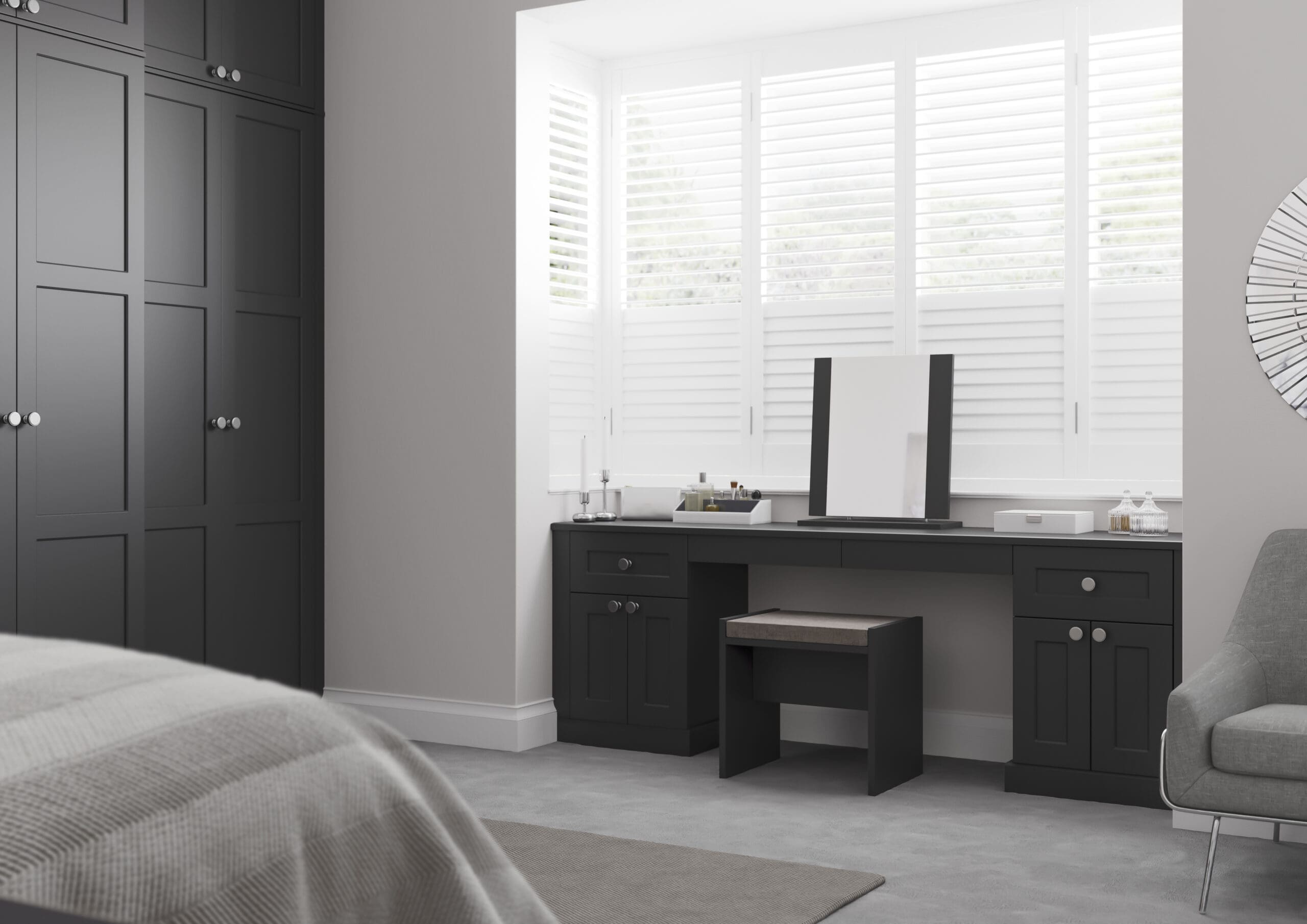 bedroom shutters and fitted wardrobe in bedroom