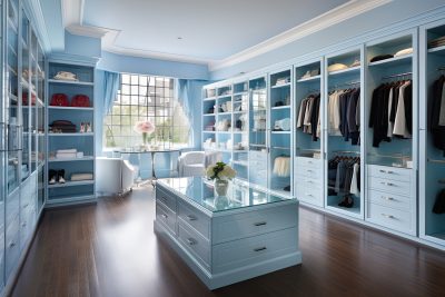 A spacious walk-in wardrobe dressing room in blue