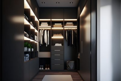 modern walk-in wardrobe with open shelving and cupboards