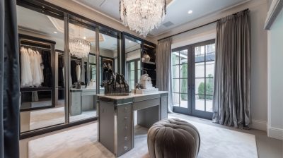 Dressing room with fitted mirrored wardrobes and vanity unit