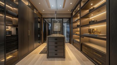 Walk in wardrobe with open shelving and a central storage island