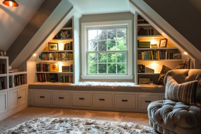 fitted bookshelves and a plush window seat storage bench