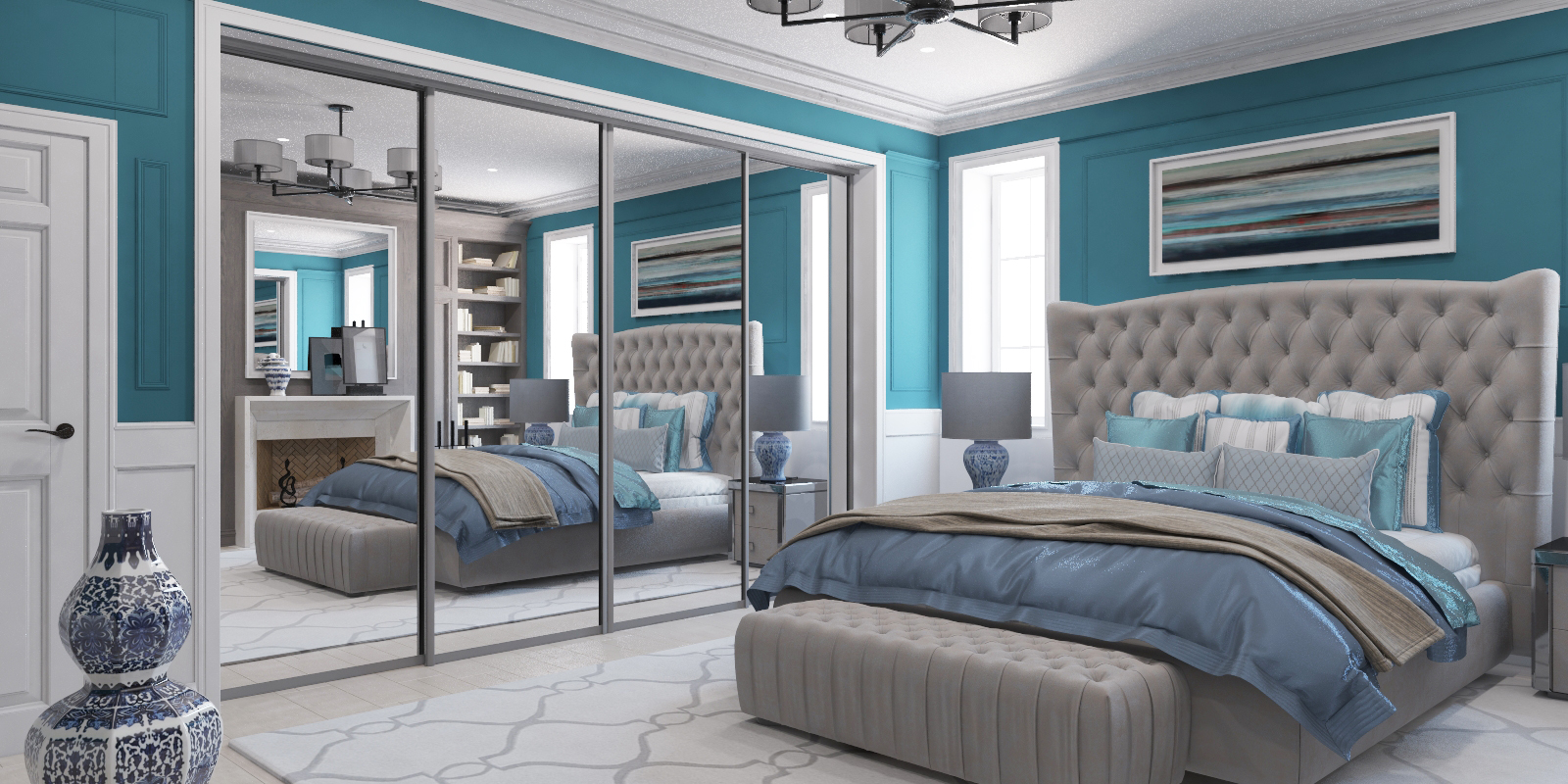 Mirrored sliding wardrobes in a bedroom