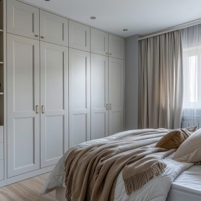 White wooden wardrobe in scandinavian style interior design of modern bedroom