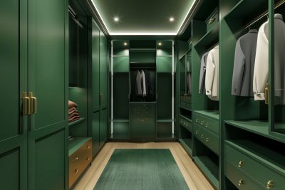 deep green wardrobe with gold accents in a high-end walk-in dressing room
