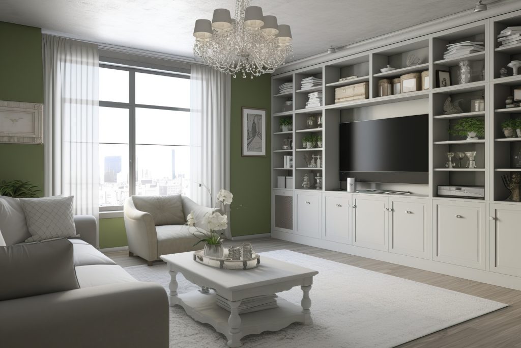 fitted tv unit and media unit in living room in white