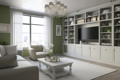 fitted tv unit and media unit in living room in white