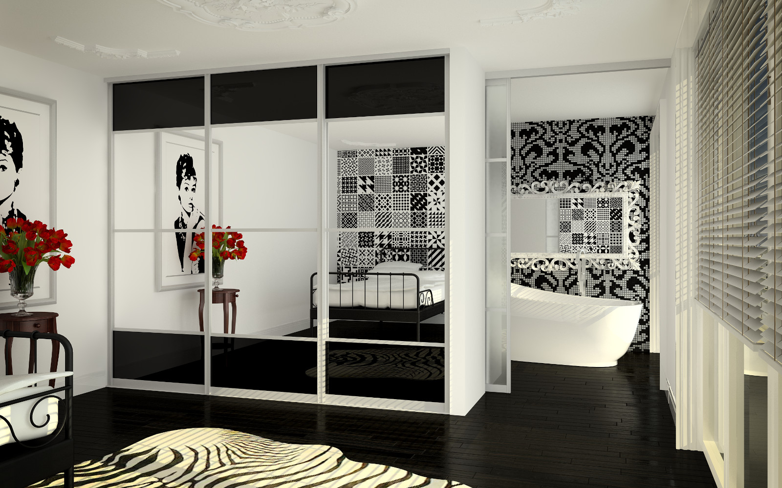 Sliding mirror wardrobes with black panels, from the Vetrino range
