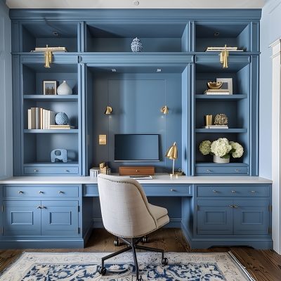 blue home office with built in desk