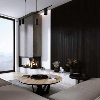 living room with onda black wall panelling