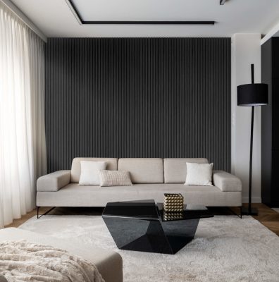 living-room with veneer graphite wall panelling